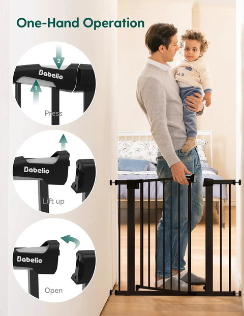 A man demonstrating the one-hand operation of an Auto Close Baby Gate For Doorways And Stairs 26 To 40 Inch Pressure Mounted No Drill Safety Gate.
