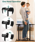 Man demonstrating Doorway And Stair Baby Gate With Auto Close For Kids And Pets Adjustable 26 To 40 Inch Pressure Mounted, holding child