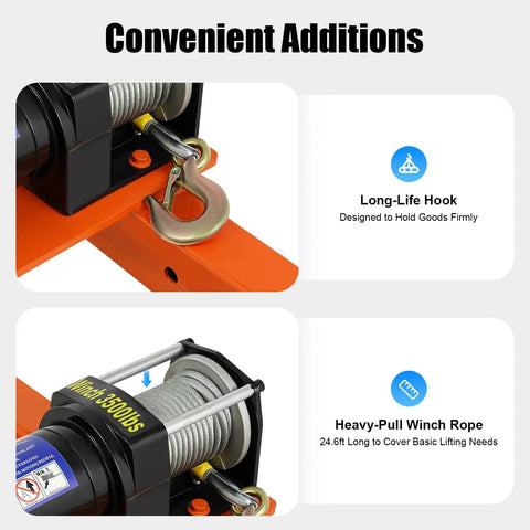 Heavy Duty Truck Mounted Crane Hoist With 1100 Lb Capacity And 12 Volt Electric Winch showing winch and hook details.