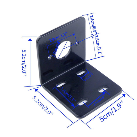 Black metal L-shaped motor mounting bracket for 775/795 DC motors, with central hole and slotted mounting holes.