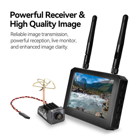Spotter V2 FPV Camera And Transmitter Kit with screen and camera, shown with powerful receiver and high quality image display.