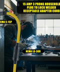 Heavy Duty Nema 5-15P To L6-30R Generator Welder Adapter Cord delivering 125 Volt 15 Amp power for plasma cutters in use.