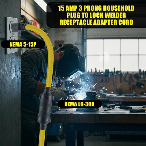 Heavy Duty Nema 5-15P To L6-30R Generator Welder Adapter Cord delivering 125 Volt 15 Amp power for plasma cutters in use.