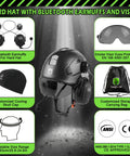 Heavy Duty Vented Hard Hat With Bluetooth Earmuffs And Drop Front Visor For Crews ANSI Z89 1 Certified Safety Helmet with cooling skull cap.