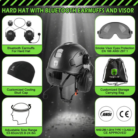 Heavy Duty Vented Hard Hat With Bluetooth Earmuffs And Drop Front Visor For Crews ANSI Z89 1 Certified Safety Helmet with cooling skull cap.