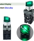 Front and side view of 10 Amp 3 Position Rotary Switch With Green LED Light, 22mm Mounting Hole, IP65 Waterproof, metal head, industrial use.