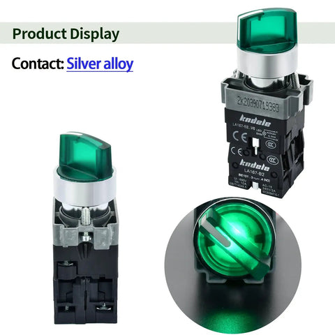 Front and side view of 10 Amp 3 Position Rotary Switch With Green LED Light, 22mm Mounting Hole, IP65 Waterproof, metal head, industrial use.