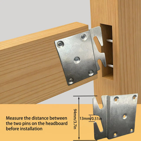 Universal Bed Frame Brackets With Heavy Duty Zinc Coated Iron Bed Rail Hook Plates For Headboard And Footboard Four Piece Hardware Kit Includes Mounting Screws For Dead Easy No Sweat Diy Fixes, showing installation details.