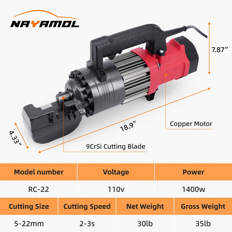 NAYAMOL 1400W Hydraulic Rebar Cutter with 9CrSi cutting blade, copper motor, portable design, cuts 5mm-22mm rebar.