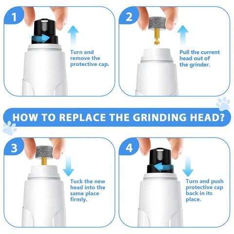Instructions for replacing grinding head on Six Pack Premium Diamond Dog Nail Grinder Heads Set For Smooth Quiet Nail Trims Pro Quality Diamond Grinding Heads Compatible With Casfuy LOPSIC YABIFE Primens LuckyTail Boomki IREDOON And Other Popular Brands.