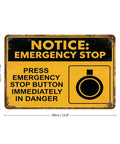 Emergency Stop Button Safety Sign Vintage Tin Wall Decor 8x12 Inch Yellow And Black Industrial Plaque for Workshop