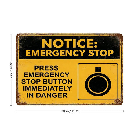 Emergency Stop Button Safety Sign Vintage Tin Wall Decor 8x12 Inch Yellow And Black Industrial Plaque for Workshop