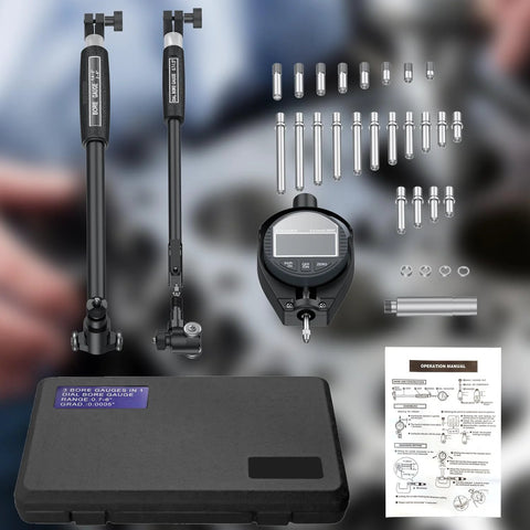 HDLNKAK digital dial bore gauge set with LCD display, black body, includes 23 anvils and hard case