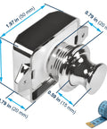Ten Pack Keyless Push Button Cabinet Latches For RVs And Marine Use With Screws And Steel Pads Mini Cupboard Locks, dimensions shown