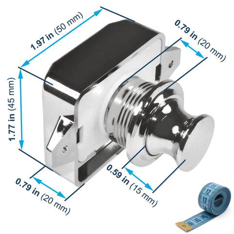 Ten Pack Keyless Push Button Cabinet Latches For RVs And Marine Use With Screws And Steel Pads Mini Cupboard Locks, dimensions shown