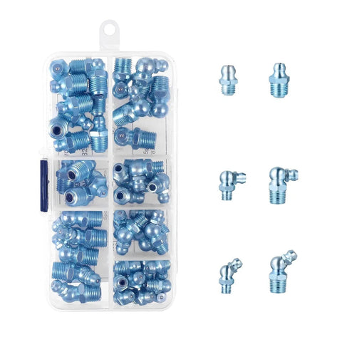 All In One Grease Fitting Kit 50 Piece Automotive Zerk Fittings Brass Lubrication Set contents and arrangement