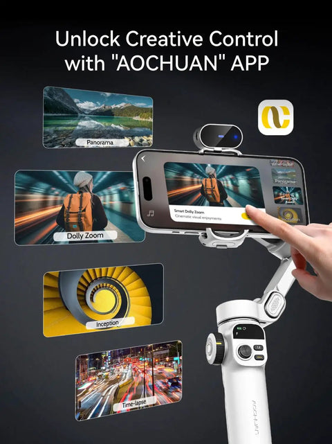 3 Axis Phone Gimbal With AI Tracking Sensor showing creative control features in app with different video modes.