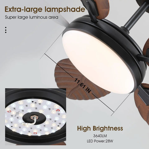 Extra-large lampshade of a 52 Inch Brown Tropical Outdoor Palm Leaf Ceiling Fan With Integrated Lights And Wireless Remote.