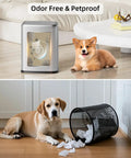 Slim Swing-Top Rectangular Trash Can 8L Stainless Steel, odor-free, petproof feature with dog in living room