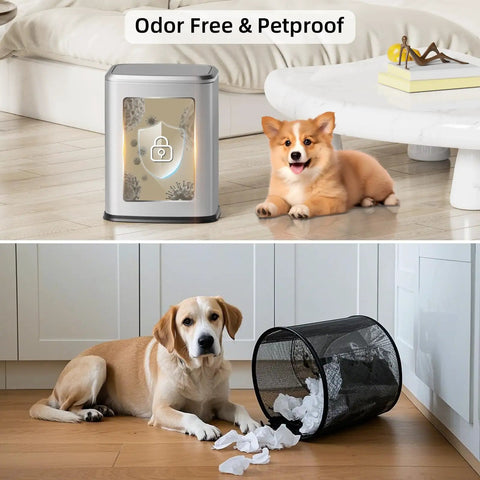 Slim Swing-Top Rectangular Trash Can 8L Stainless Steel, odor-free, petproof feature with dog in living room
