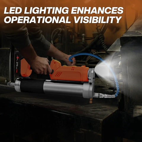 Person using Cordless Electric Grease Gun Kit With Dual 2.0Ah Batteries And Bright LED Light, 12,000 PSI in a workshop