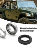 Heavy Duty Rear Axle Shaft Oil Seal Kit Straight Swap Replacement For Nissan Frontier Titan Xterra displayed beside SUV, featuring metal and rubber seals.