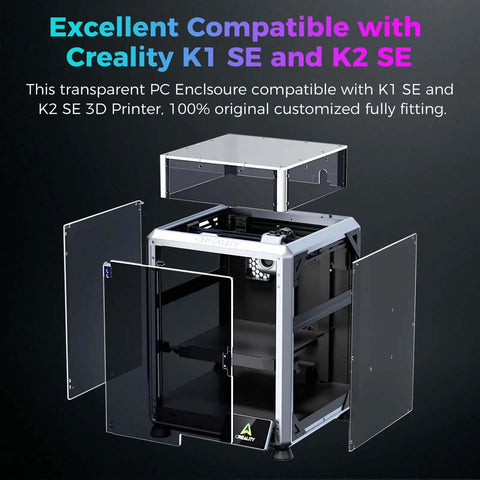 K1 SE And K2 SE 3D Printer Enclosure With Transparent Dustproof Cover open view showcasing snap-on fit and protective features.