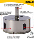 Drilax diamond hole saw with diamond coating, cooling slots, and 3/8 inch shank.