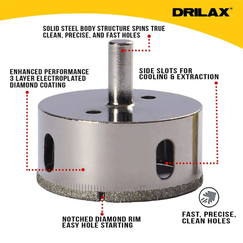 Drilax diamond hole saw with diamond coating, cooling slots, and 3/8 inch shank.
