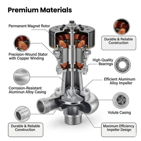 Diagram of Portable Micro Hydroelectric Generator Power Station 1000W 110V-220V featuring aluminum casing and copper winding.