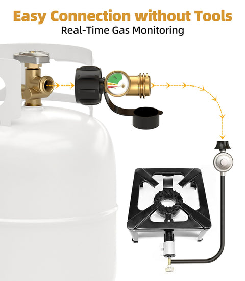 Universal Propane Tank Gauge For 5 To 40 Lb LP Tanks With QCC1 Type 1 Connection attached to propane tank displaying gas level