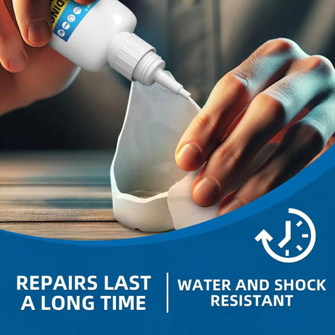 Hands applying Two 3.52 Oz Tubes Oil Based Super Glue For Ceramic Porcelain Glass Metal Wood Leather And More With Instant Bond In 10 To 45 Seconds to broken ceramic.