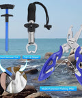 Go To Fishing Backpack With Tackle Boxes And Rod Holder Waterproof 420D Nylon Hydrophobic Coating And PVC Lining Includes 136 Pcs Lure Kit Hook Remover Lip Gripper Pliers, shown by the sea with fishing tools: pliers, hook remover, lip gripper.