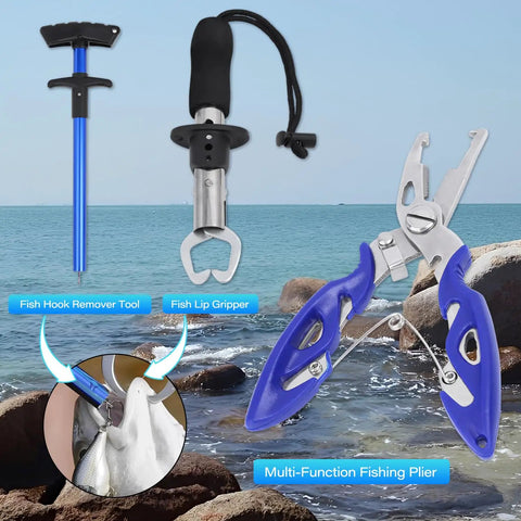 Go To Fishing Backpack With Tackle Boxes And Rod Holder Waterproof 420D Nylon Hydrophobic Coating And PVC Lining Includes 136 Pcs Lure Kit Hook Remover Lip Gripper Pliers, shown by the sea with fishing tools: pliers, hook remover, lip gripper.