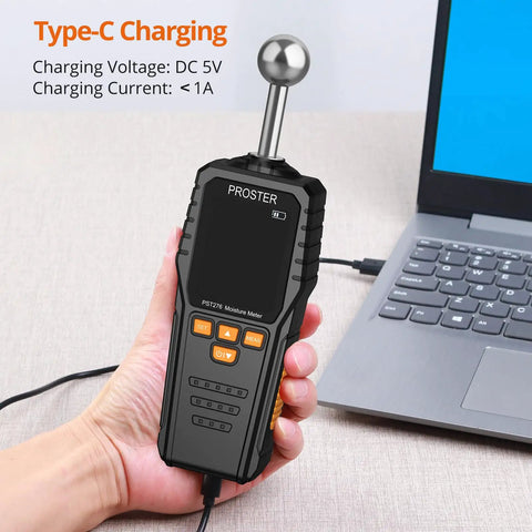 Rechargeable Pinless Moisture Meter With USB C 40mm Depth 2.4 Inch LCD 3 Color Bar Non Destructive Moisture Tester For Wood Drywall Concrete And More Today, handheld with USB-C cable