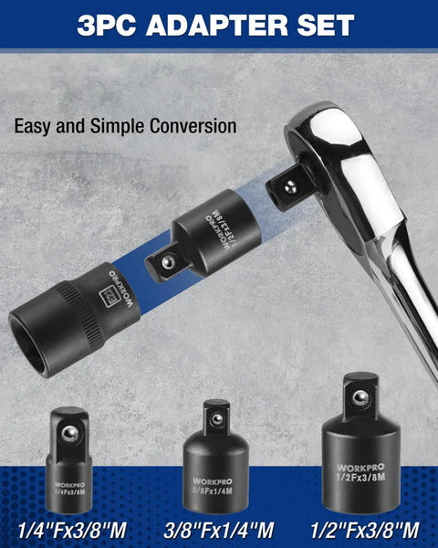 3-piece adapter set for Heavy Hitter E Torx Socket Set with quick change capability, 1/4, 3/8, and 1/2 inch drives.