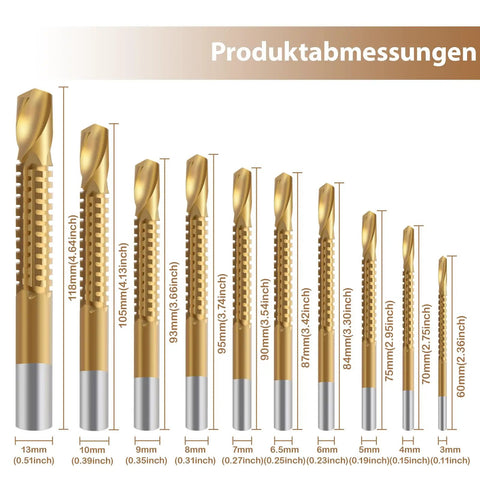 Pro Grade Titanium Coated HSS Twist Drill Bits Set 3 To 13mm 10 Pack Serrated Grooving Side Cutting Drill Bits For Wood Plastic Aluminum Thin Metal DIY Ready Fast Startup Low Friction High Speed Drilling Tools size chart showing 3mm to 13mm bits