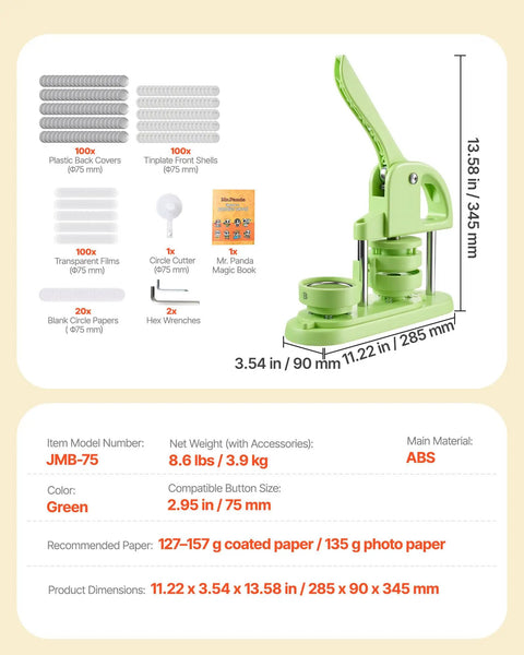 Easy Peasy DIY Button Maker Kit For Badges And Key Chains, 75mm Plastic Pin Press With 100 Button Parts, green ergonomic handle