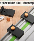 Universal Aluminum Router Guide Rail Adapter Compatible With Makita Festool Track Saw Rails, two heavy duty stops mounted on a guide rail.