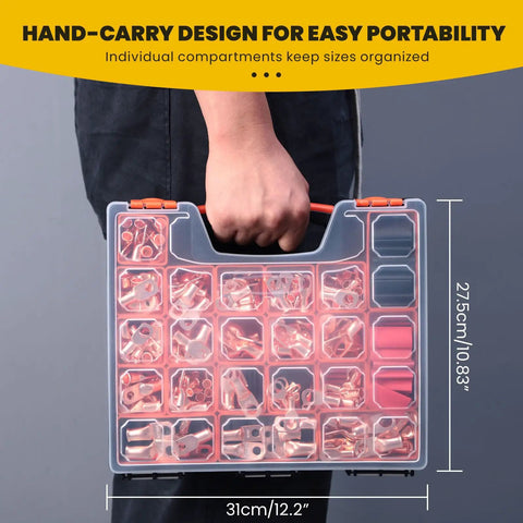 Person holding Heavy Duty Pro Grade Copper Wire Lugs And Heat Shrink Tubing Kit 264 Pcs Battery Cable Ends Set AWG 8 To Two Zero Lugs And Three To One Dual Wall Shrink Tubing Premium Metal Terminals For Auto And Marine Wiring in portable case with compartments.