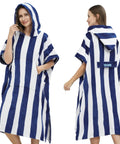 Two views of Hooded Surf Poncho Towel For On The Go Privacy Women Men Changing Robe With Front Kangaroo Pocket, blue and white striped