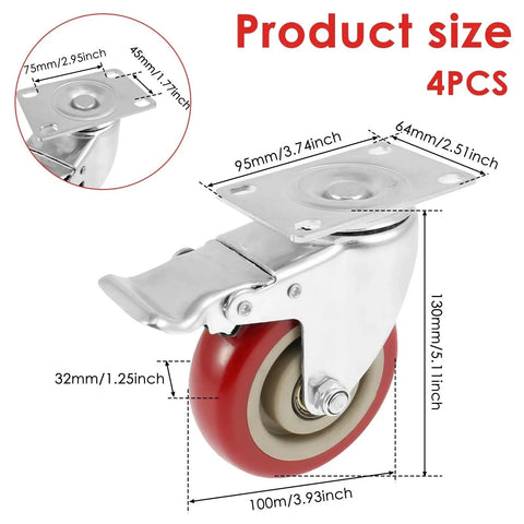 Tough As Nails 4 Inch Caster Wheels With Easy Glide 360 Swivel And Reliable Lock Brakes Universal Stem Mount Heavy Duty shown with size dimensions.