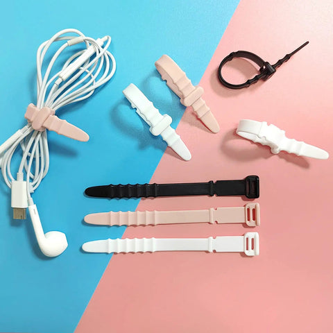 Reusable Silicone Zip Ties Set 20 Piece Cord Management Straps for Wires, multicolor, 4.5 inch, displayed with cables