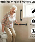 Rock Solid 16 Inch Wall Mount Handrail Matte Black Steel Pipe Grab Bar in bathroom assisting elderly person, rust proof and durable.