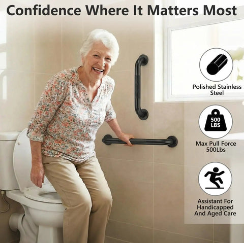 Rock Solid 16 Inch Wall Mount Handrail Matte Black Steel Pipe Grab Bar in bathroom assisting elderly person, rust proof and durable.