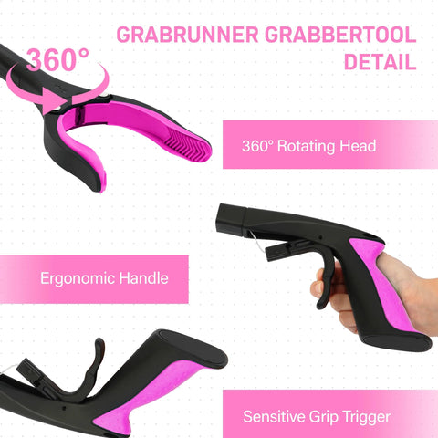 Pink magnetic grabber tool for seniors with 360° swivel head, ergonomic handle, and trigger grip for easy reaching and grabbing tasks.