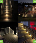 Level Up Your Deck Game With These Super Chill Non Glaring Warm White Solar Lights For Steps And Fences Featuring Tough Black Stainless Steel Housing Two Pack Outdoor Ambient Lighting illuminated steps and fences at night