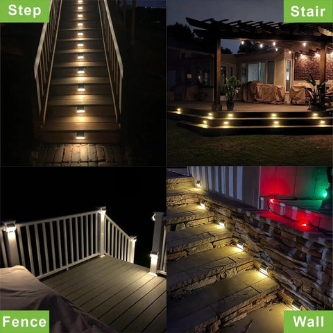 Level Up Your Deck Game With These Super Chill Non Glaring Warm White Solar Lights For Steps And Fences Featuring Tough Black Stainless Steel Housing Two Pack Outdoor Ambient Lighting illuminated steps and fences at night