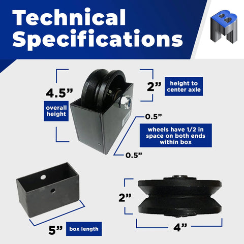 Technical specifications of cast iron V groove gate wheel with dimensions for easy installation.