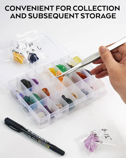 Upgrade Geology Rock Hammer Kit Bundle With 33.8 Oz Pick, rock storage container with tweezers and labeled samples.